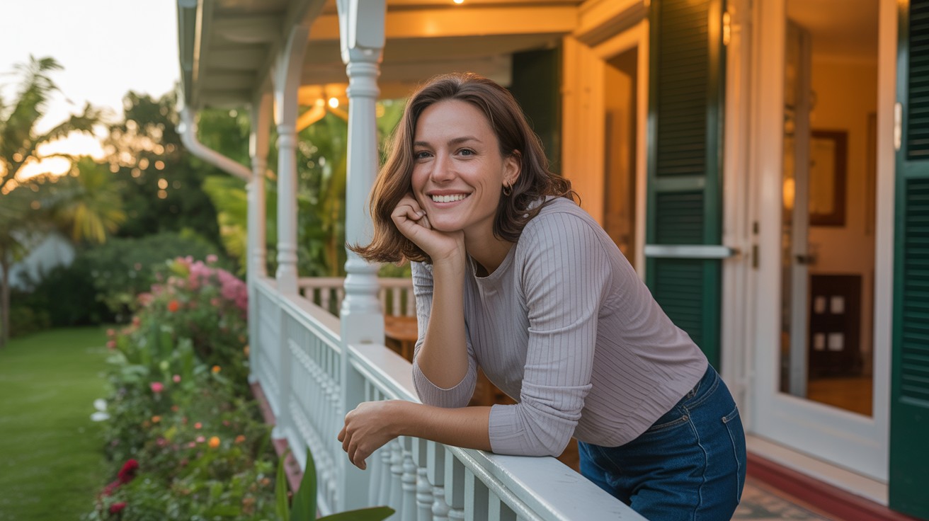 Happy companions relaxing on a porch with elders